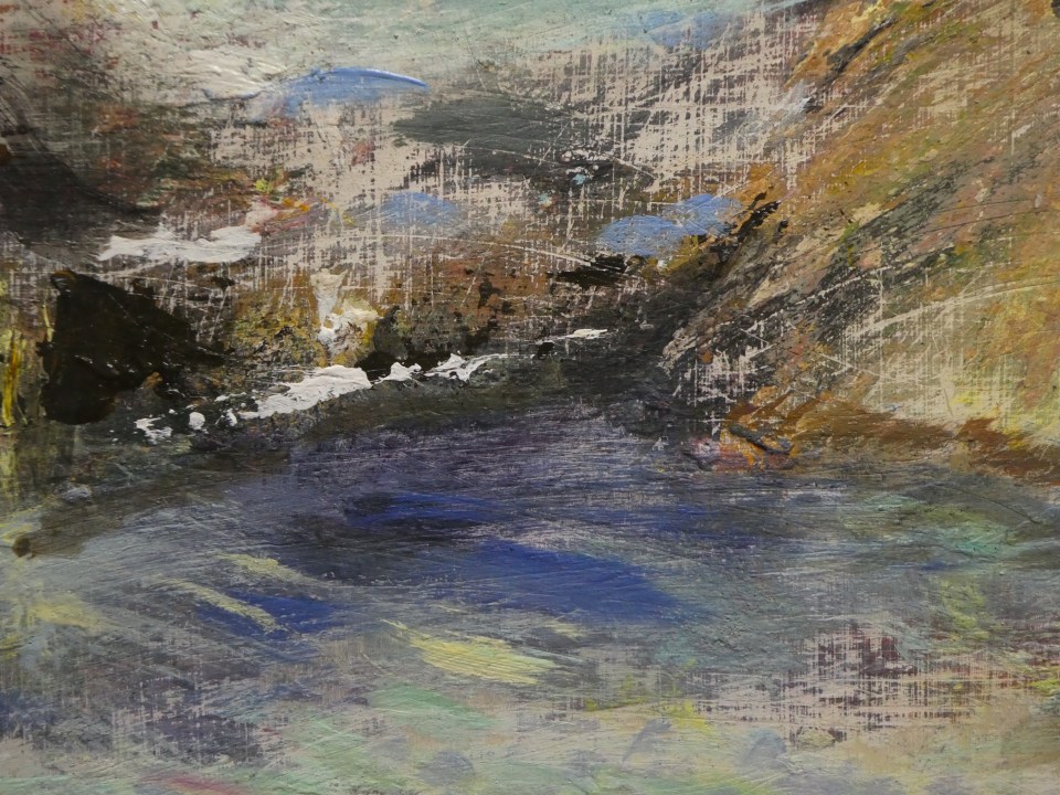 (detail) Bac Mor from Iona. Mixed media on 16x16" wood. Rose Strang 2026