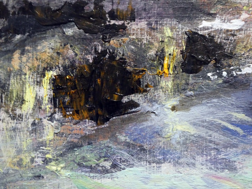(detail 3) Bac Mor from Iona. Mixed media on 16x16" wood. Rose Strang 2026