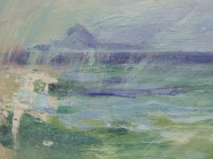 (detail 4) Bac Mor from Iona. Mixed media on 16x16" wood. Rose Strang 2026