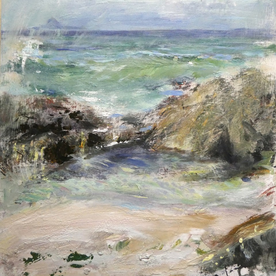'Bac Mòr from Iona'. Mixed media on 16x16" wood. Rose Strang 2026