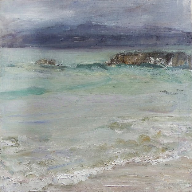 Caol Ì. The Sound of Iona. Mixed media on 16x16" wood. Rose Strang 2026