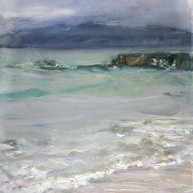 'Caol Ì (Sound of Iona)'. Mixed media on 16x16" wood. Rose Strang 2026