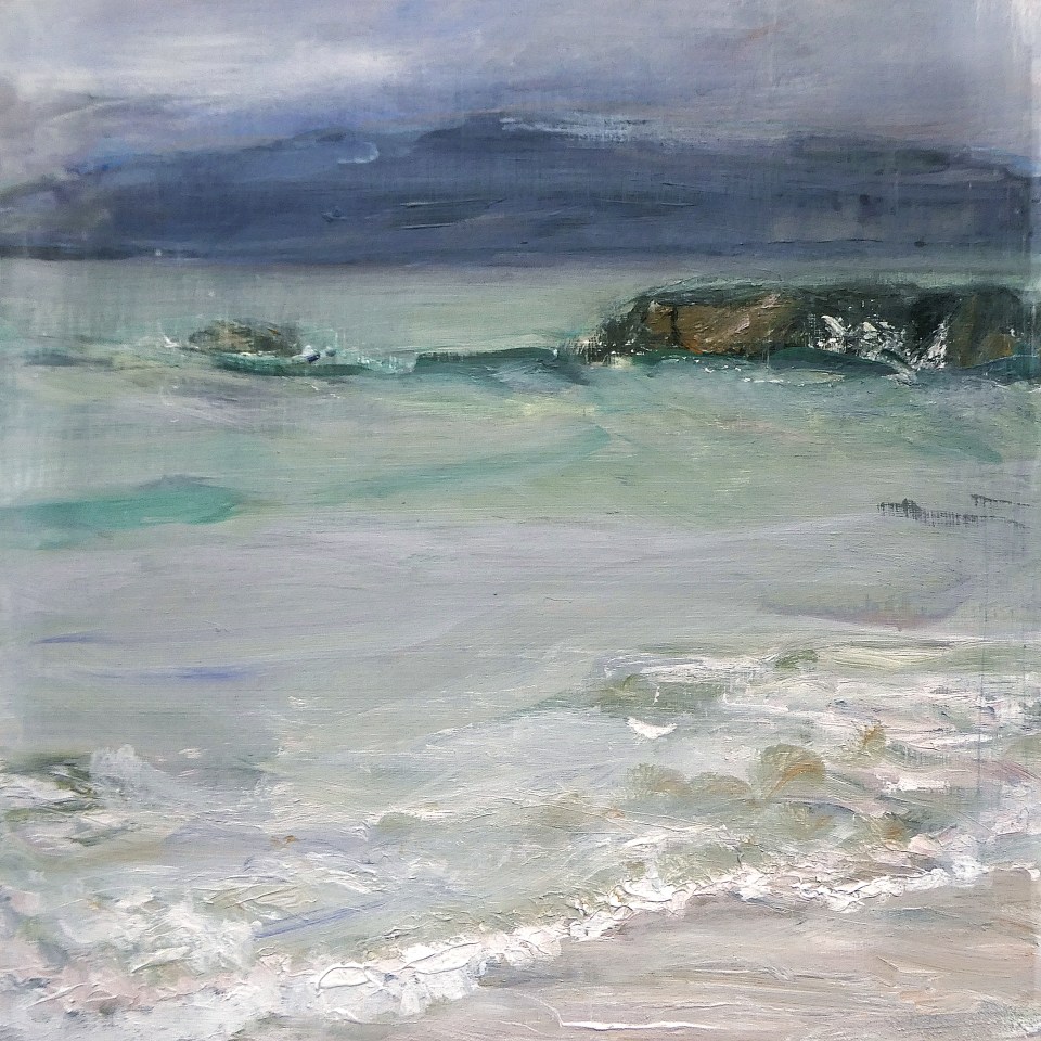 'Caol Ì (Sound of Iona)'. Mixed media on 16x16" wood. Rose Strang 2026
