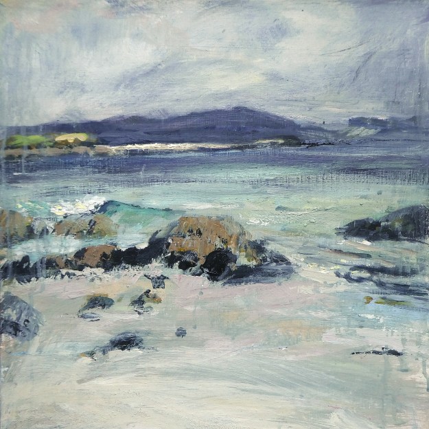 'Eilean Annraidh from Iona'. Mixed media on 16x16" wood. Rose Strang 2026
