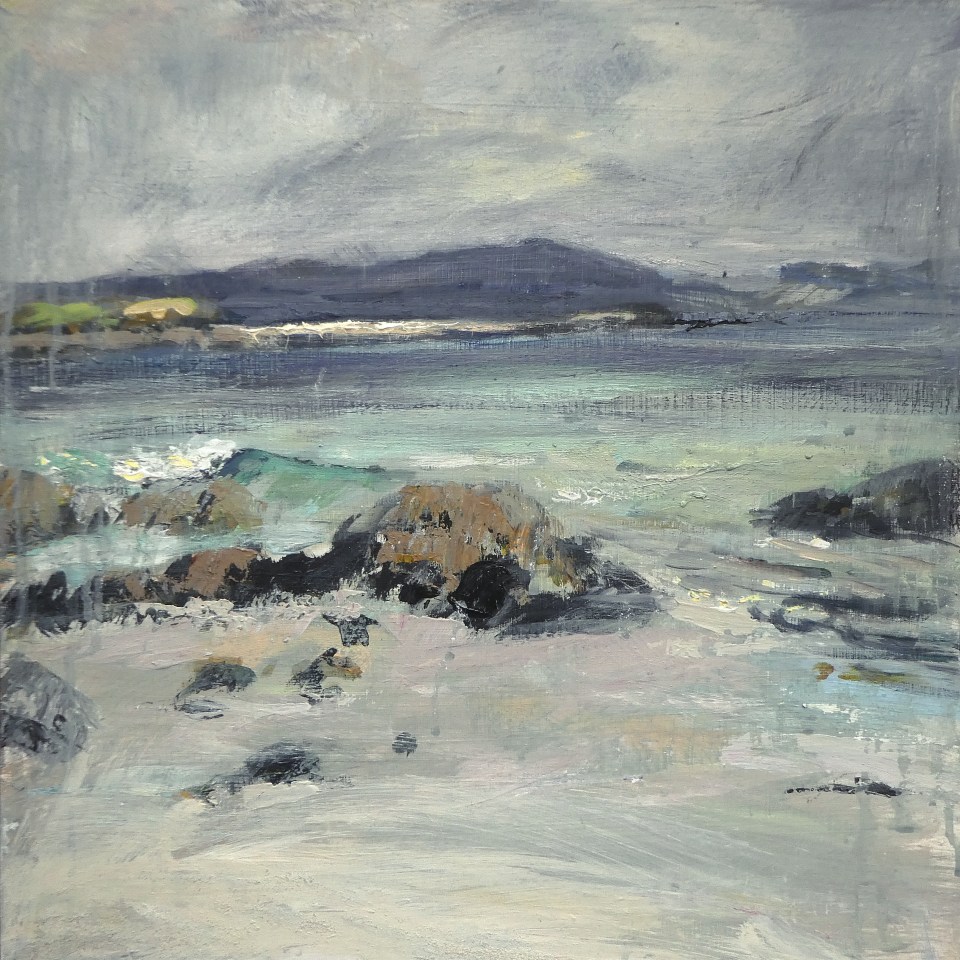 'Eilean Annraidh from Iona'. Mixed media on 16x16" wood. Rose Strang 2026