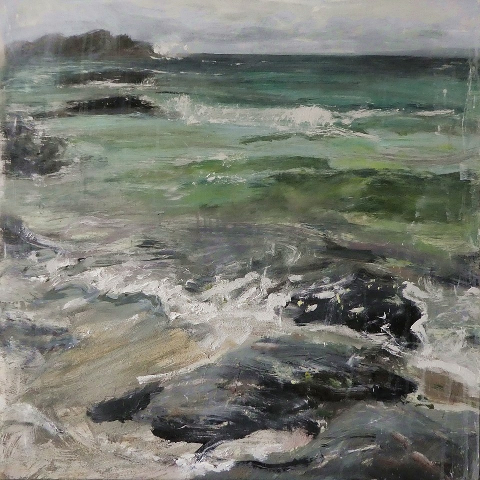 Eilean Calbha from Iona. Mixed media on 16×16″ wood panel. Rose Strang 2026