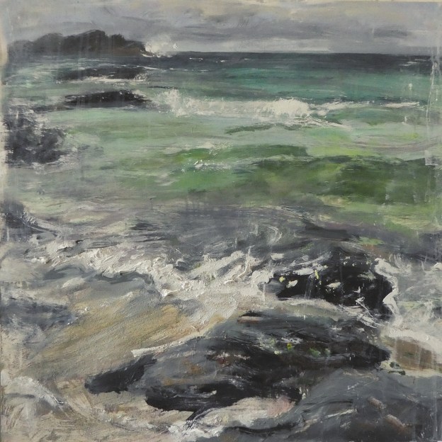 Eilean Calbha from Iona. Mixed media on 16×16″ wood panel. Rose Strang 2026