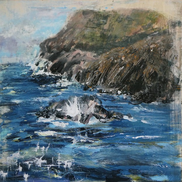 'Port Grulainn, Iona'. Mixed media on 16x16" wood. Rose Strang 2026
