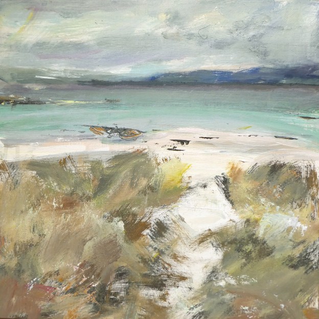'Tràigh Bàn nam Manach (white beach of the monks)’. Mixed media on 16x16" wood. Rose Strang 2026