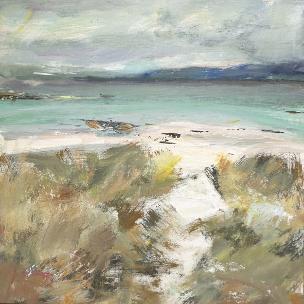 'Tràigh Bàn nam Manach (white beach of the monks)’. Mixed media on 16x16" wood. Rose Strang 2026
