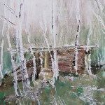 Birch Trees and Willow Shelter 2. Mixed media on 14×14″ wood 2. Rose Strang 2026