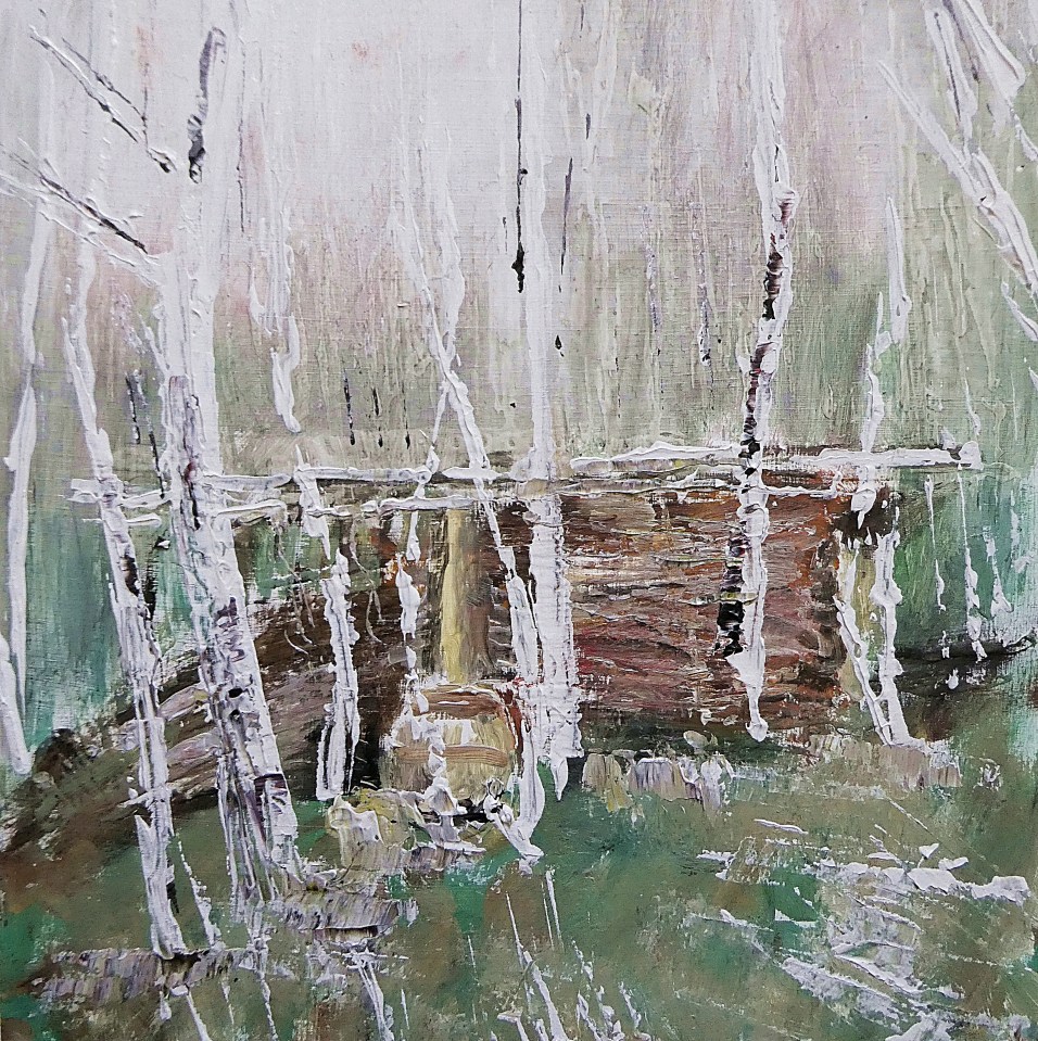 Birch Trees and Willow Shelter 2. Mixed media on 14×14″ wood 2. Rose Strang 2026