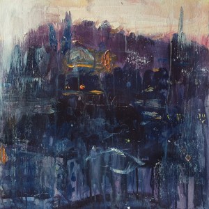 December, Twilight. Mixed media on 16 x 16 " wood. Rose Strang 2026