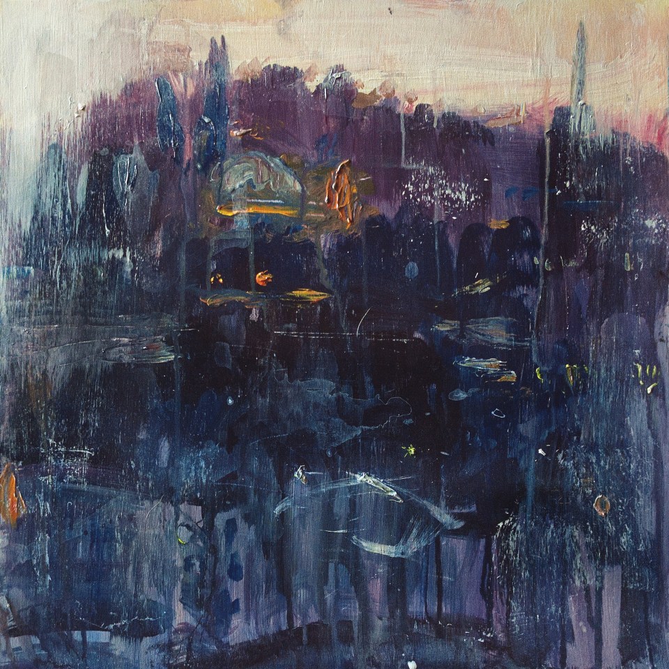 December, Twilight. Mixed media on 16 x 16 " wood. Rose Strang 2026
