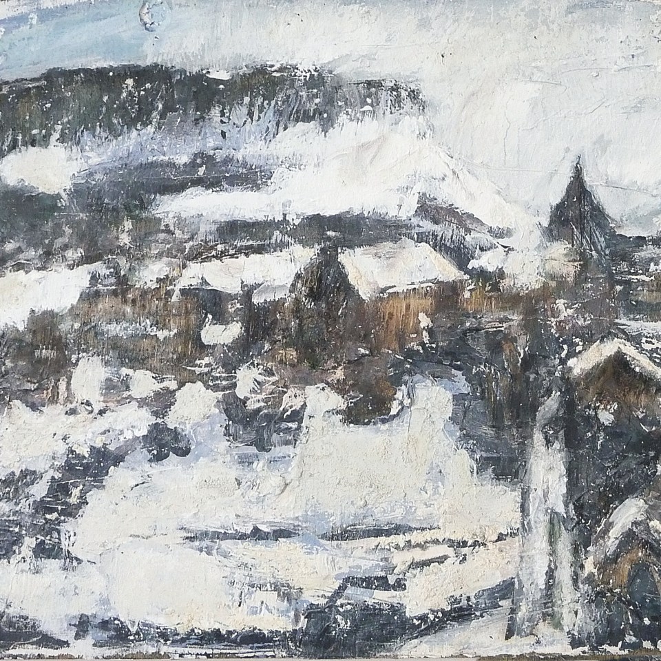 ‘Edinburgh Snow (Arthur’s Seat and Royal Mile from Regent Road)’. Mixed media on 24×16″ found wood panel. Rose Strang 2018