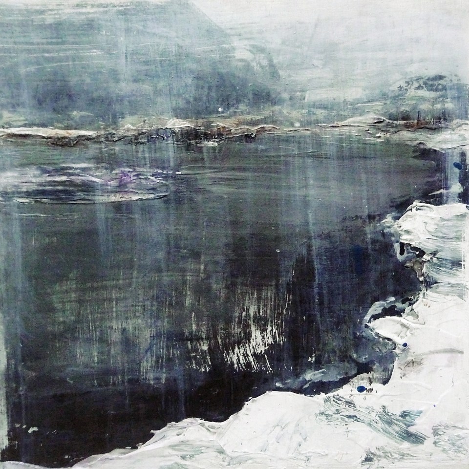 'Hunter's Loch. Edinburgh Winter. Mixed media on 10x10" wood. Rose Strang 2021