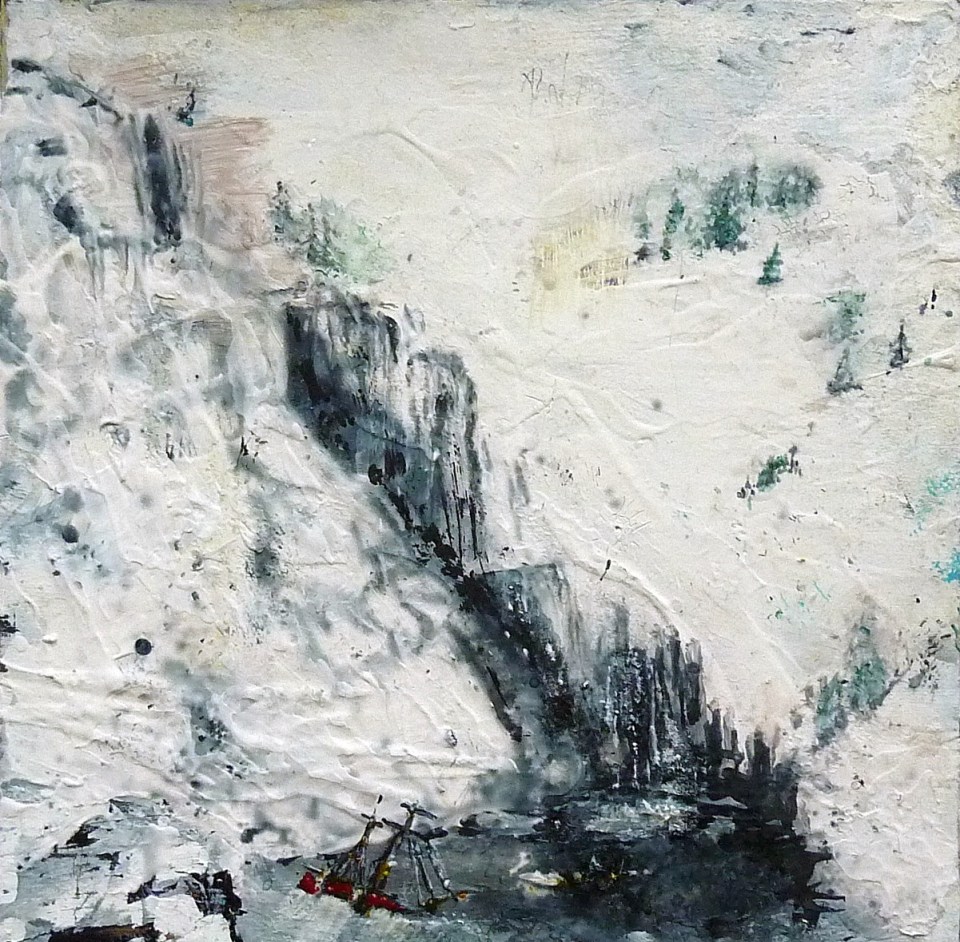 'Winter 8. Waterfall, Abandoned Ship'. Mixed media on 10x10" wood panel. . Rose Strang 2017
