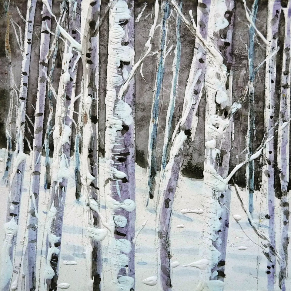 'Winter Birch'. Mixed media on 5x5" wood. Rose Strang 2013